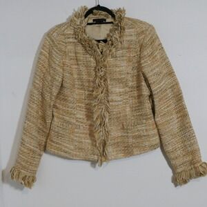 Simon Chang Womens Tweed Jacket 14 Tan Fringe Trim Zip Front Professional Chic